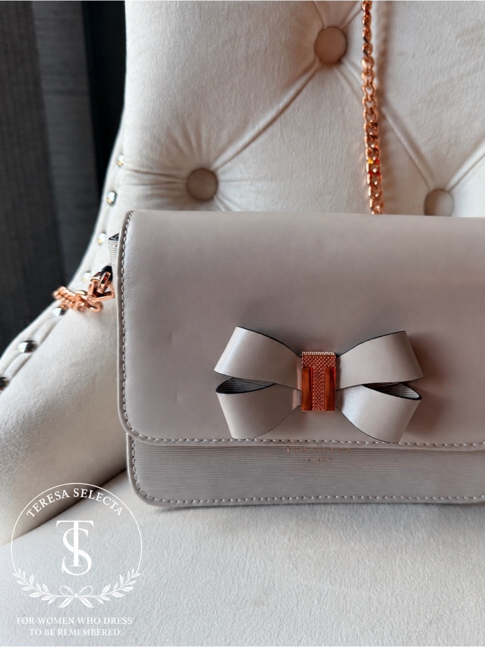 Ted Baker London Taupe Bow Crossbody Bag Rose Gold Chain Dust Bag Elegant Design